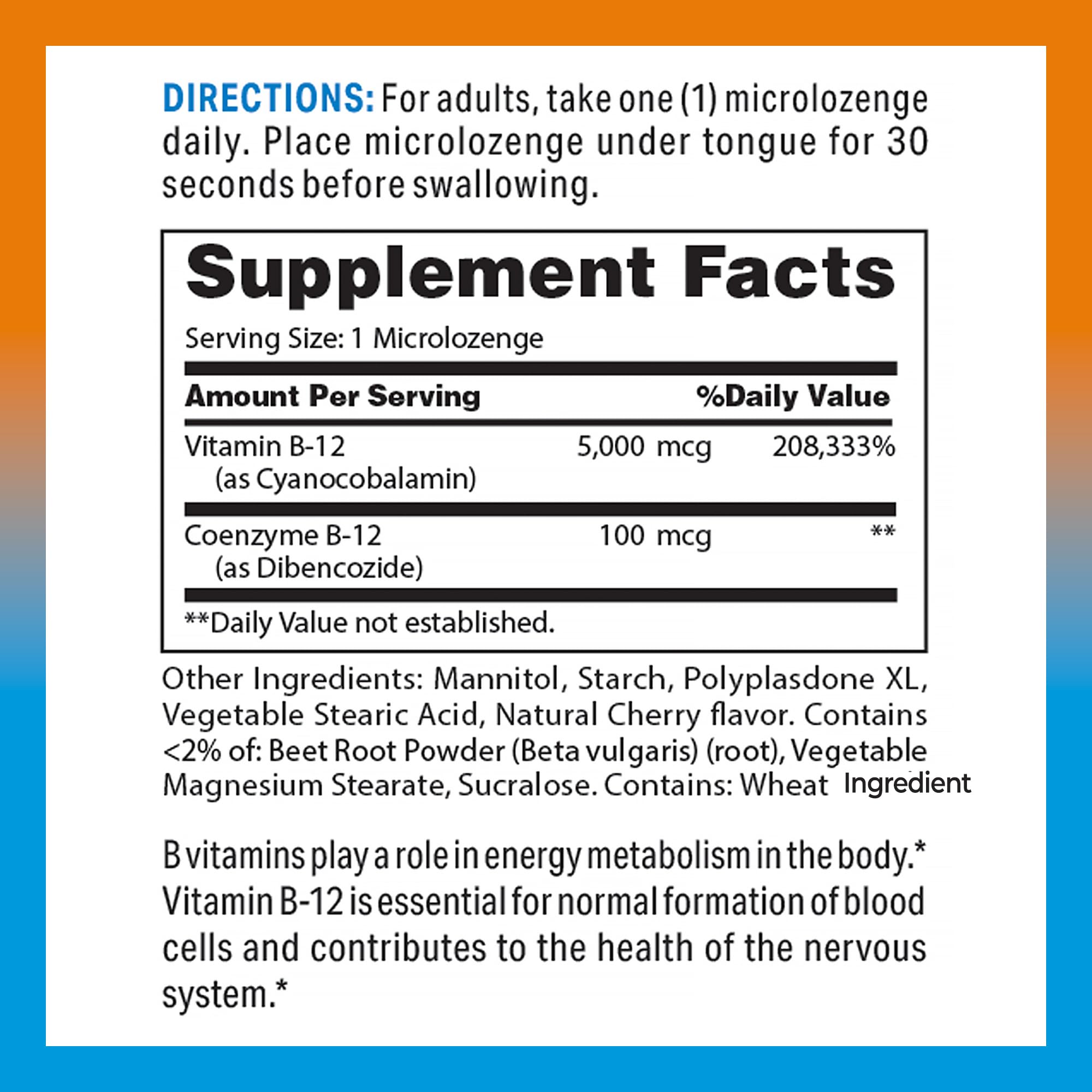 Vitamin World B-12 5000 mcg lozenge dissolving under tongue for fast absorption.