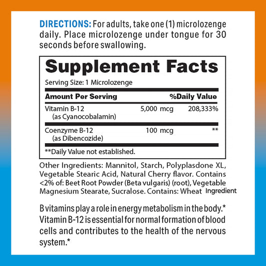 Vitamin World B-12 5000 mcg lozenge dissolving under tongue for fast absorption.