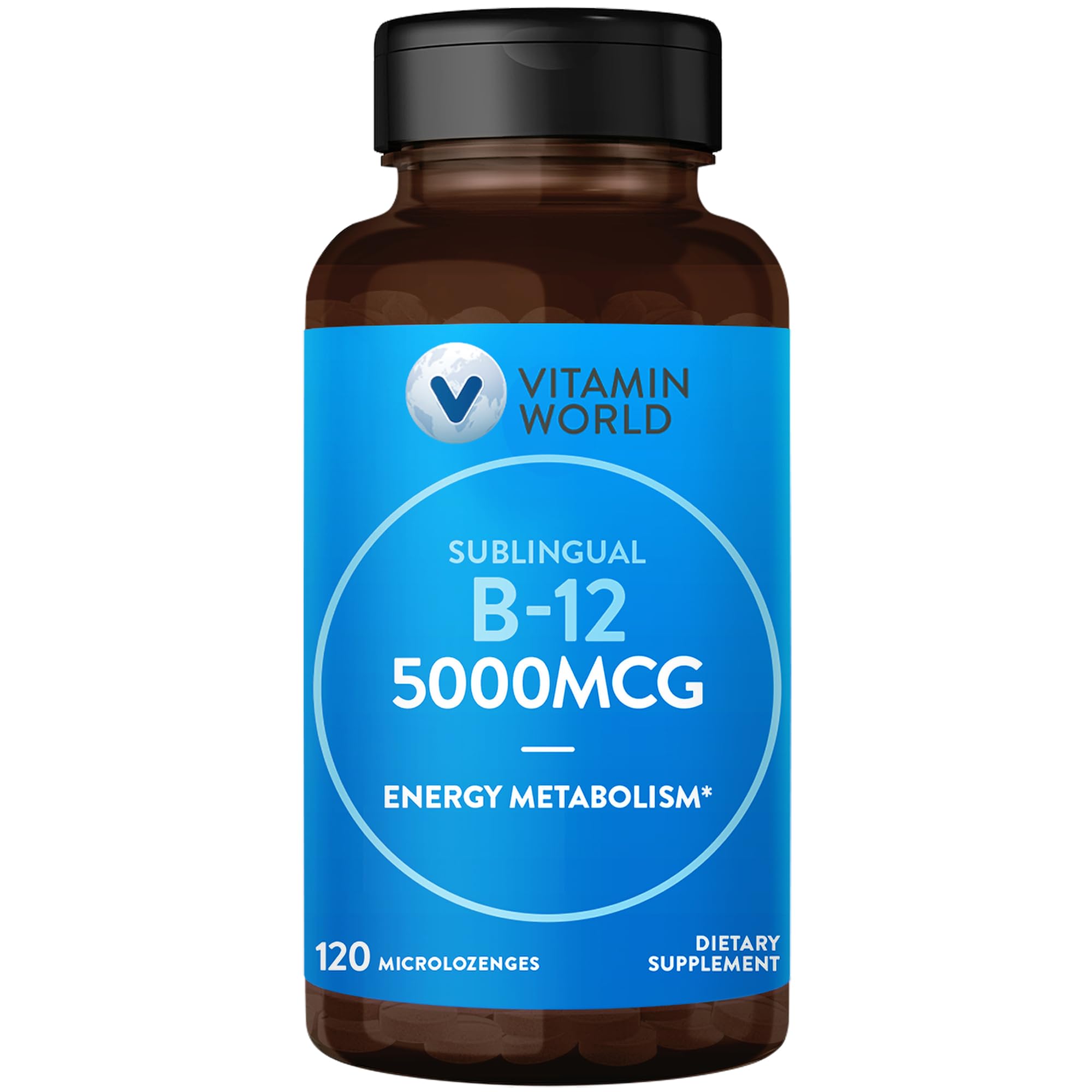 Vitamin World B-12 5000 mcg pack shot highlighting a high-potency sublingual option.