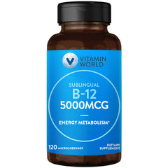 Vitamin World B-12 5000 mcg pack shot highlighting a high-potency sublingual option.