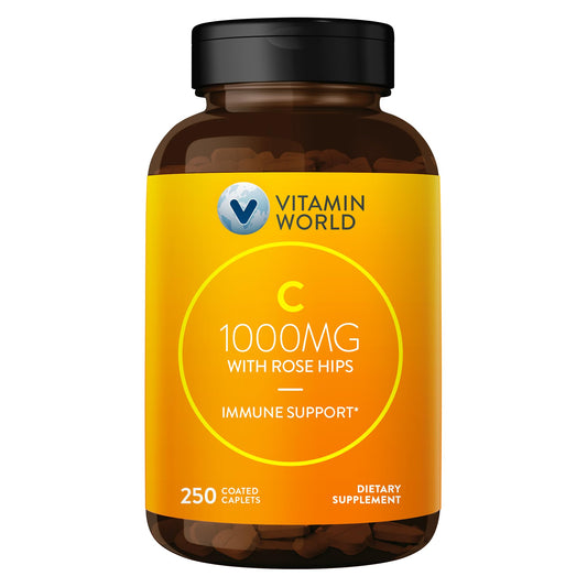 Vitamin World C-1000 mg bottle label showing bioflavonoids and wild rose hips for immune support.