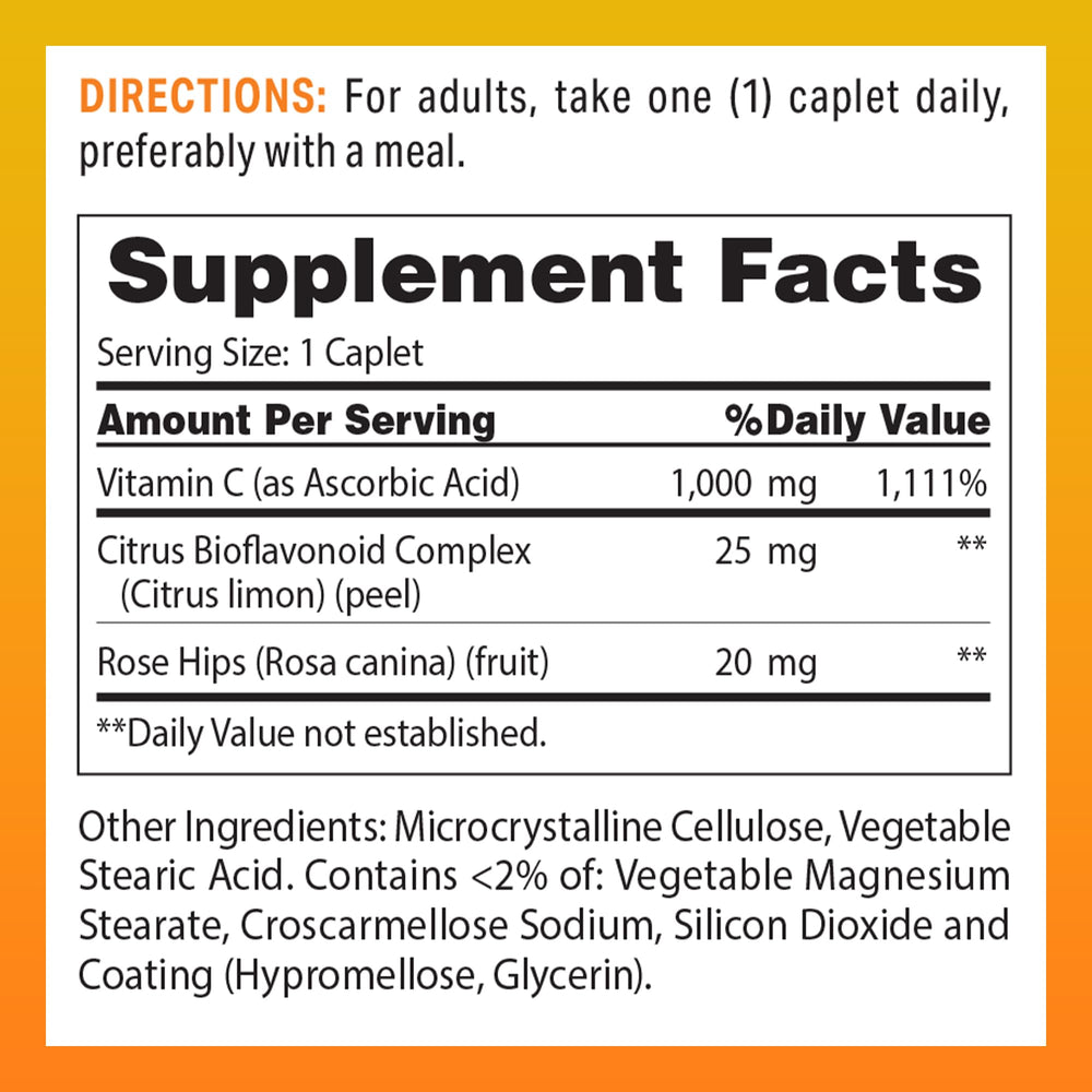 Vitamin World C-1000 mg coated caplets with bioflavonoids and wild rose hips for antioxidant support.