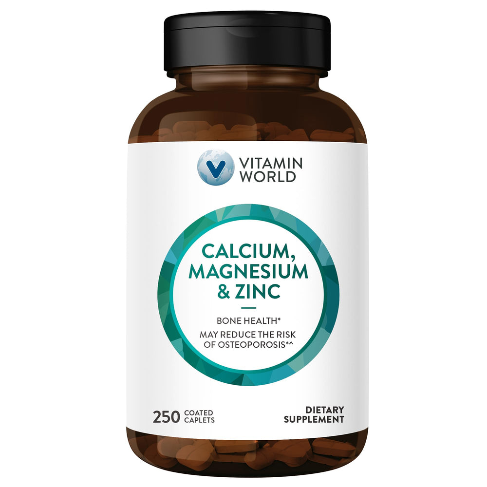 Vitamin World Calcium Magnesium Zinc bottle with 250 coated caplets for daily mineral support