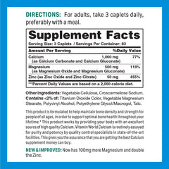 Vitamin World Calcium Magnesium Zinc caplets close-up showing dosage
