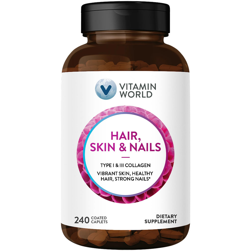 Vitamin World Hair Skin Nails bottle with coated caplets for daily support.