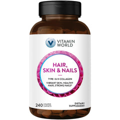 Vitamin World Hair Skin Nails bottle with coated caplets for daily support.