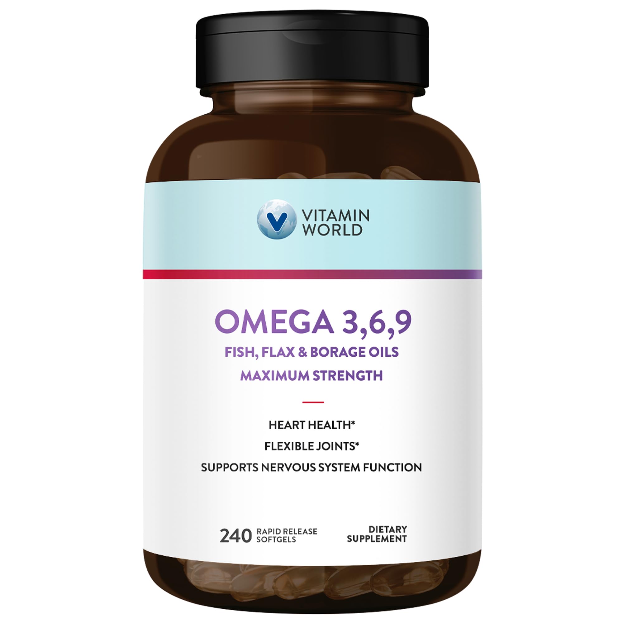Vitamin World Triple Omega 3-6-9 bottle front highlighting balanced omega blend for daily wellness