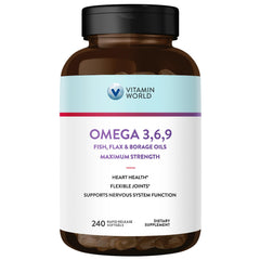 Vitamin World Triple Omega 3-6-9 bottle front highlighting balanced omega blend for daily wellness