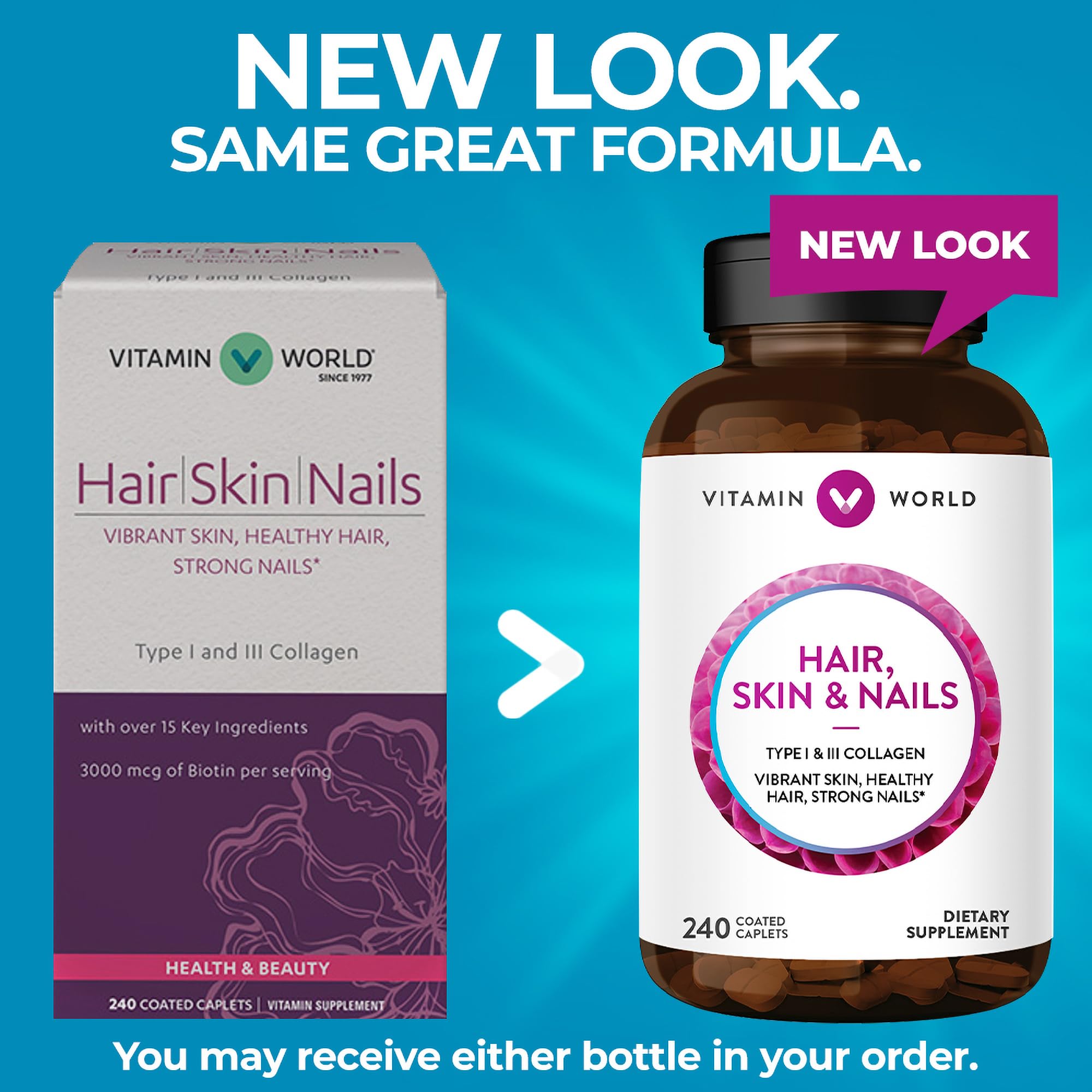 Vitamin World Type I and III collagen close-up suggesting daily skin care.