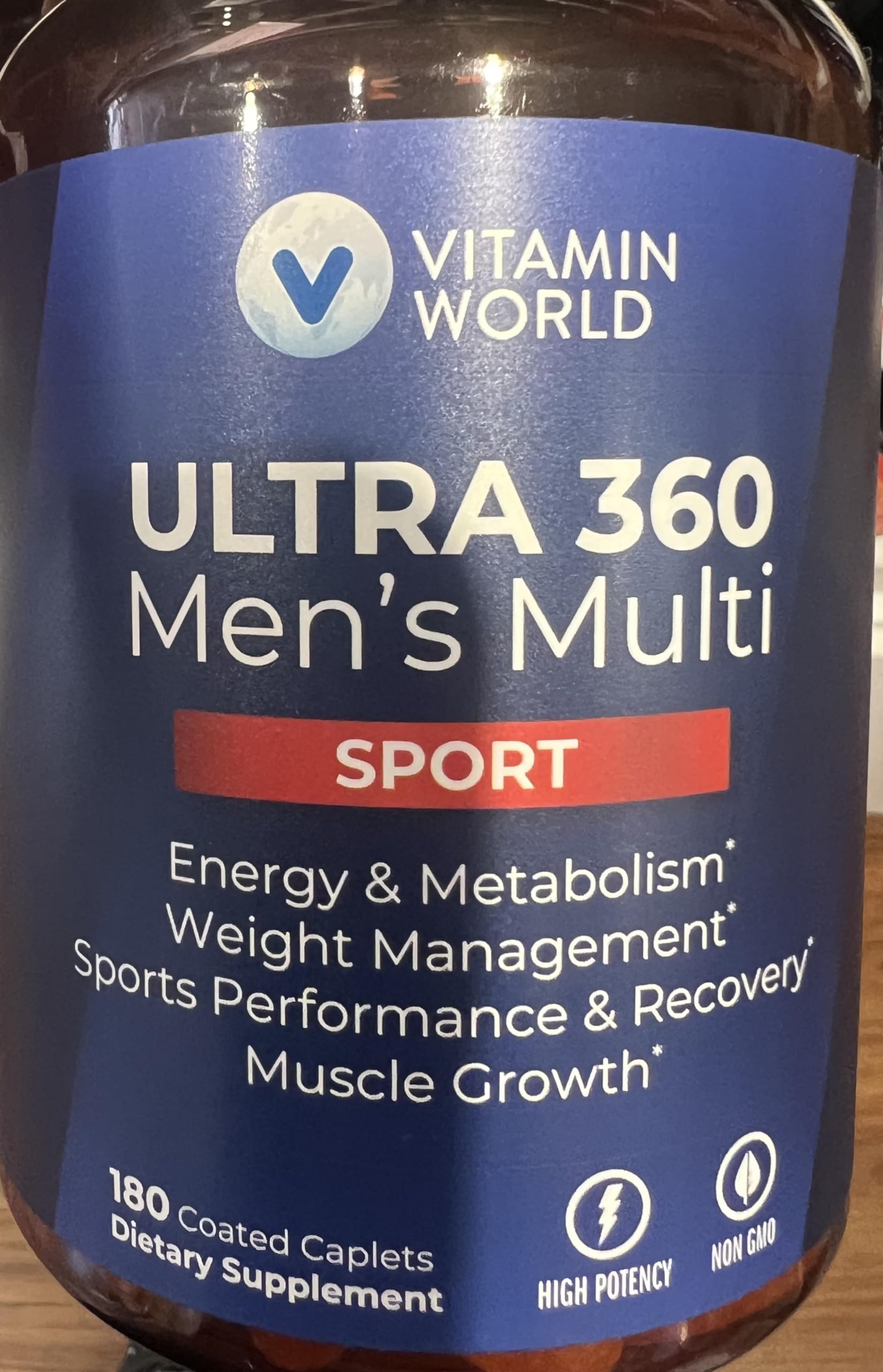 Vitamin World Ultra 360 Men’s Multi Sport bottle front for daily workout nutrition.