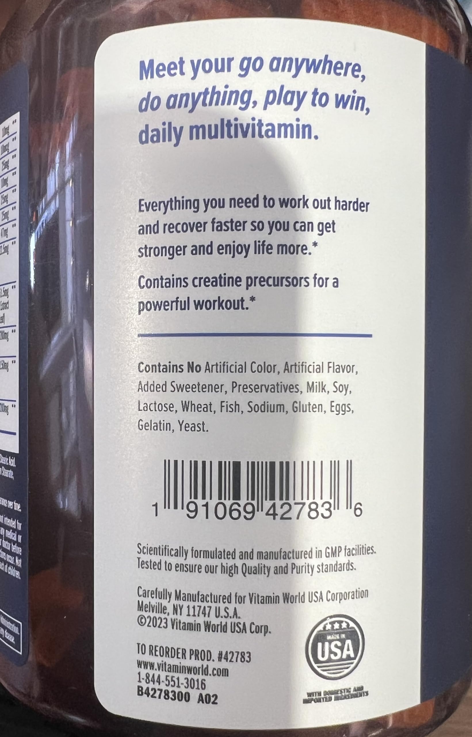 Vitamin World Ultra 360 Men’s Multi Sport bottle label highlights amino blends.
