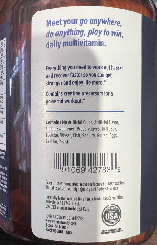 Vitamin World Ultra 360 Men’s Multi Sport bottle label highlights amino blends.