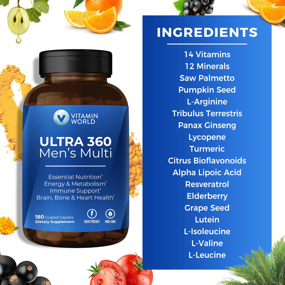 Bottle of Vitamin World Ultra 360 Men set on a morning routine table