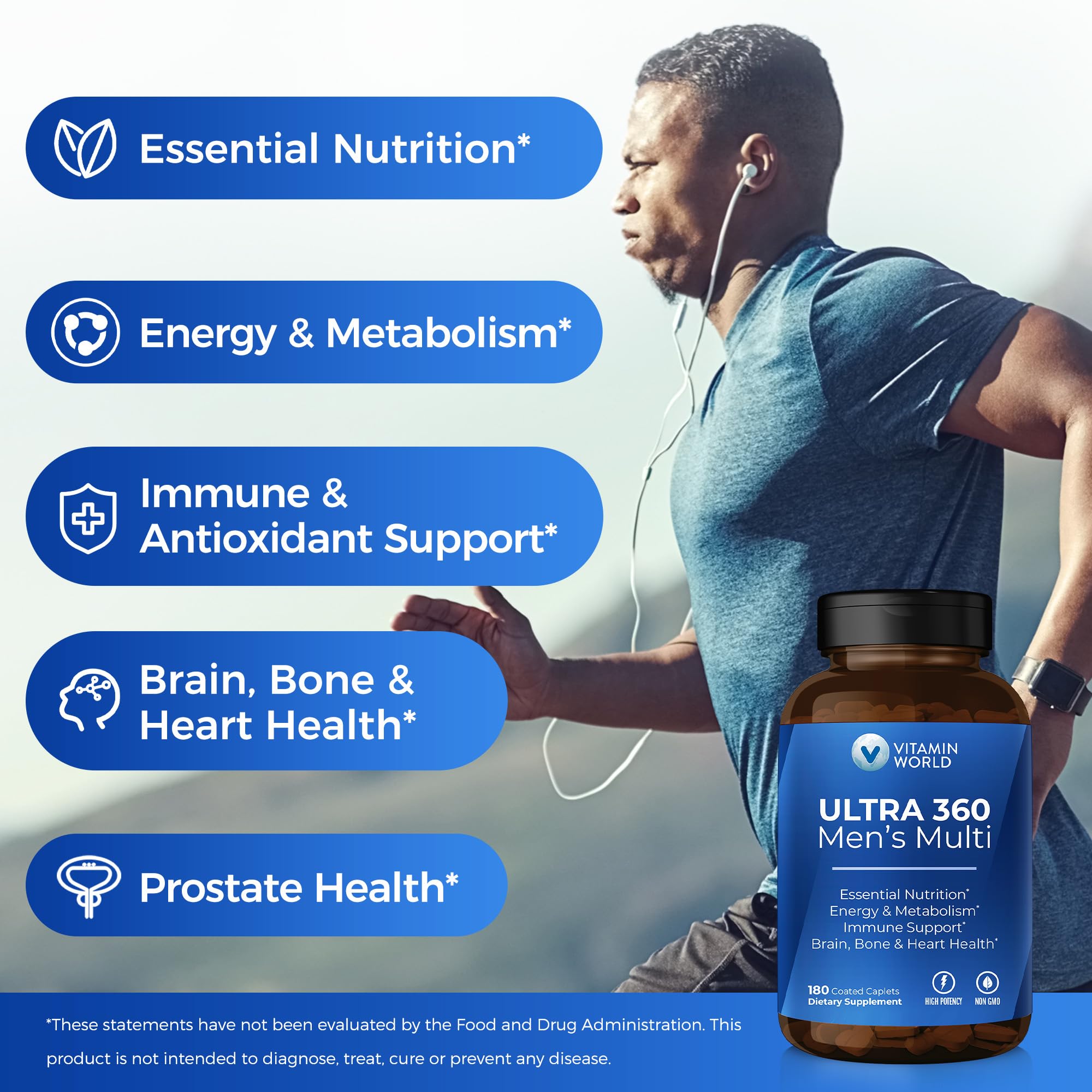 Supplement facts panel for Ultra 360 Men emphasizing non-GMO and allergen-free