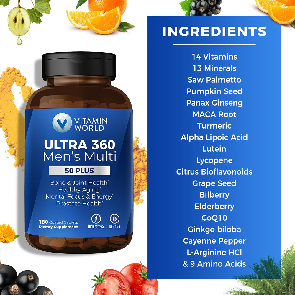 Packaging display of Vitamin World Ultra 360 50+ multivitamin for easy shopping.