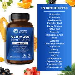 Packaging display of Vitamin World Ultra 360 50+ multivitamin for easy shopping.