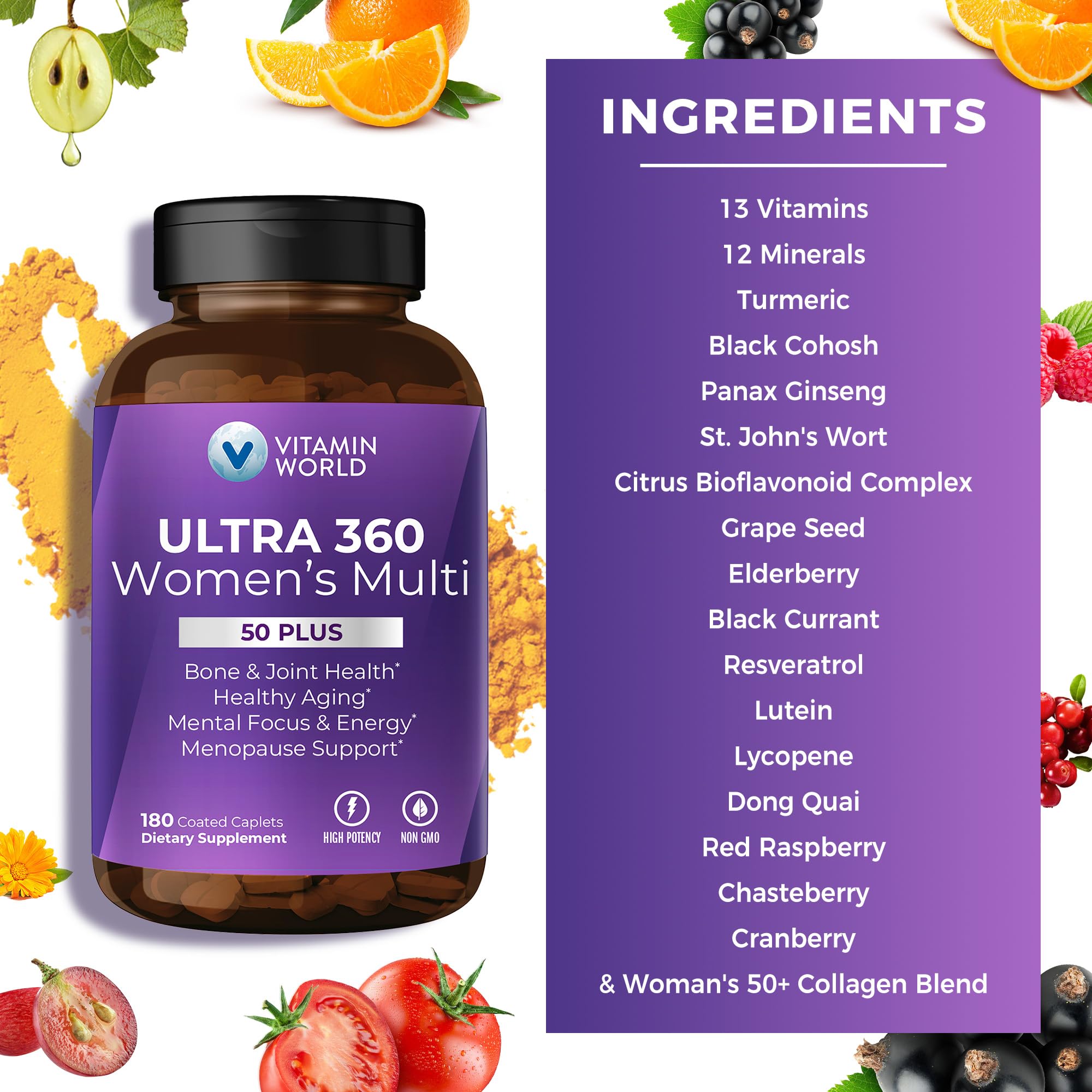 Vitamin World Ultra 360 Women 50+ bottle highlights calcium and vitamin D for bones.