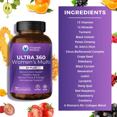 Vitamin World Ultra 360 Women 50+ bottle highlights calcium and vitamin D for bones.