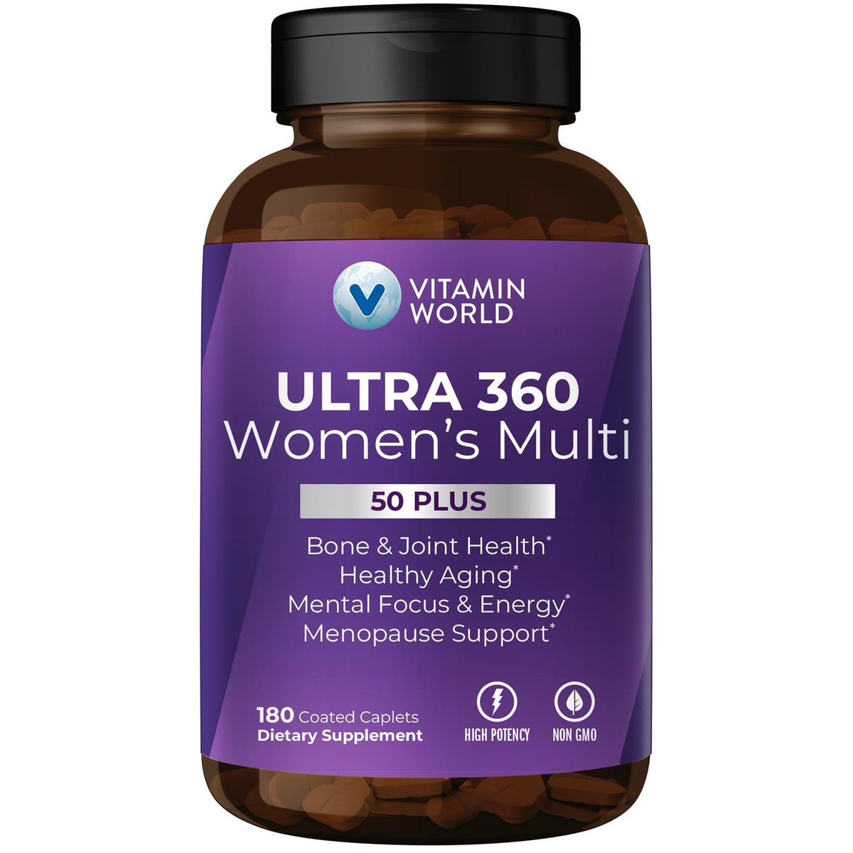 Vitamin World Ultra 360 Women 50+ bottle emphasizes bone health support.