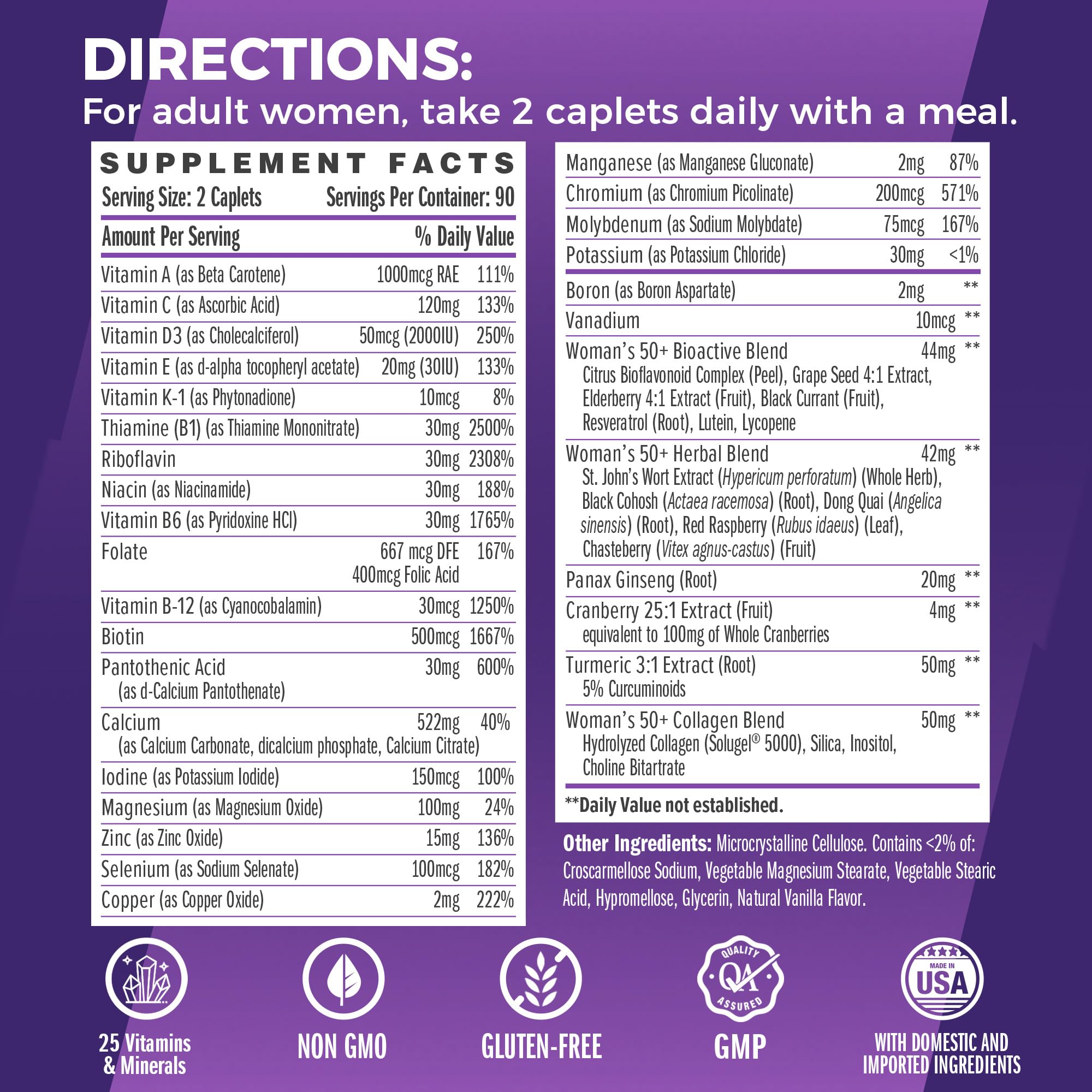 Vitamin World Ultra 360 Women 50+ caplets highlight daily energy and menopause support.