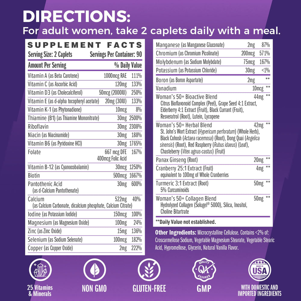 Vitamin World Ultra 360 Women 50+ caplets highlight daily energy and menopause support.