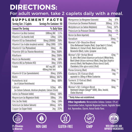 Vitamin World Ultra 360 Women 50+ caplets highlight daily energy and menopause support.