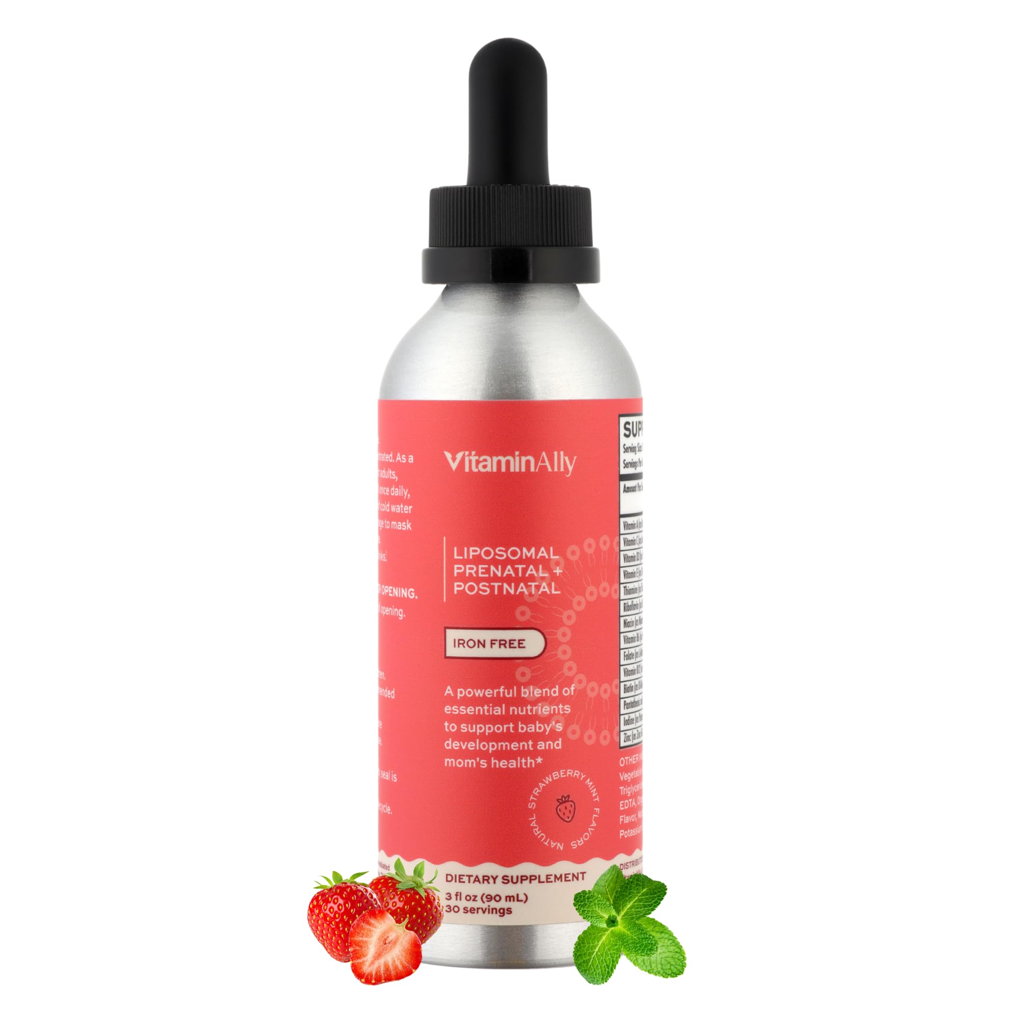 Vitaminally Liposomal Prenatal bottle front showing iron-free, sugar-free formula.
