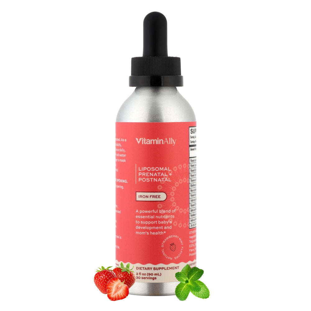 Vitaminally Liposomal Prenatal bottle front showing iron-free, sugar-free formula.