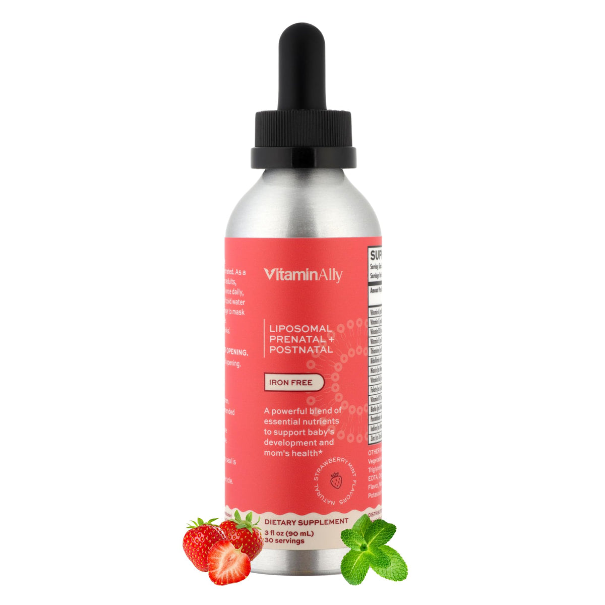 Vitaminally Liposomal Prenatal bottle front showing iron-free, sugar-free formula.