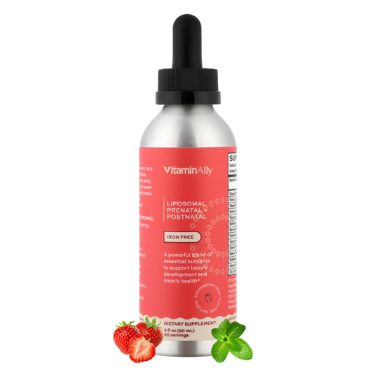 Vitaminally Liposomal Prenatal bottle front showing iron-free, sugar-free formula.