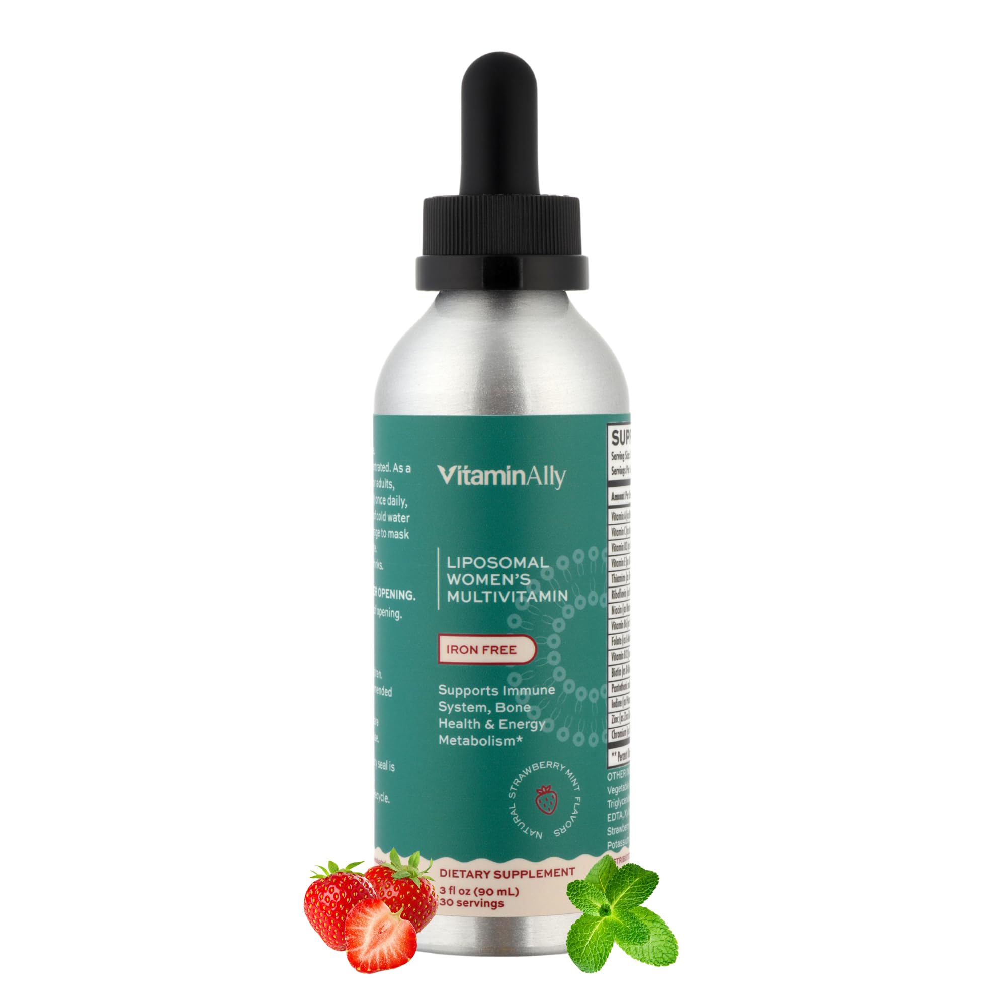 Vitaminally liposomal women's liquid multivitamin bottle pour showing daily nutrition support