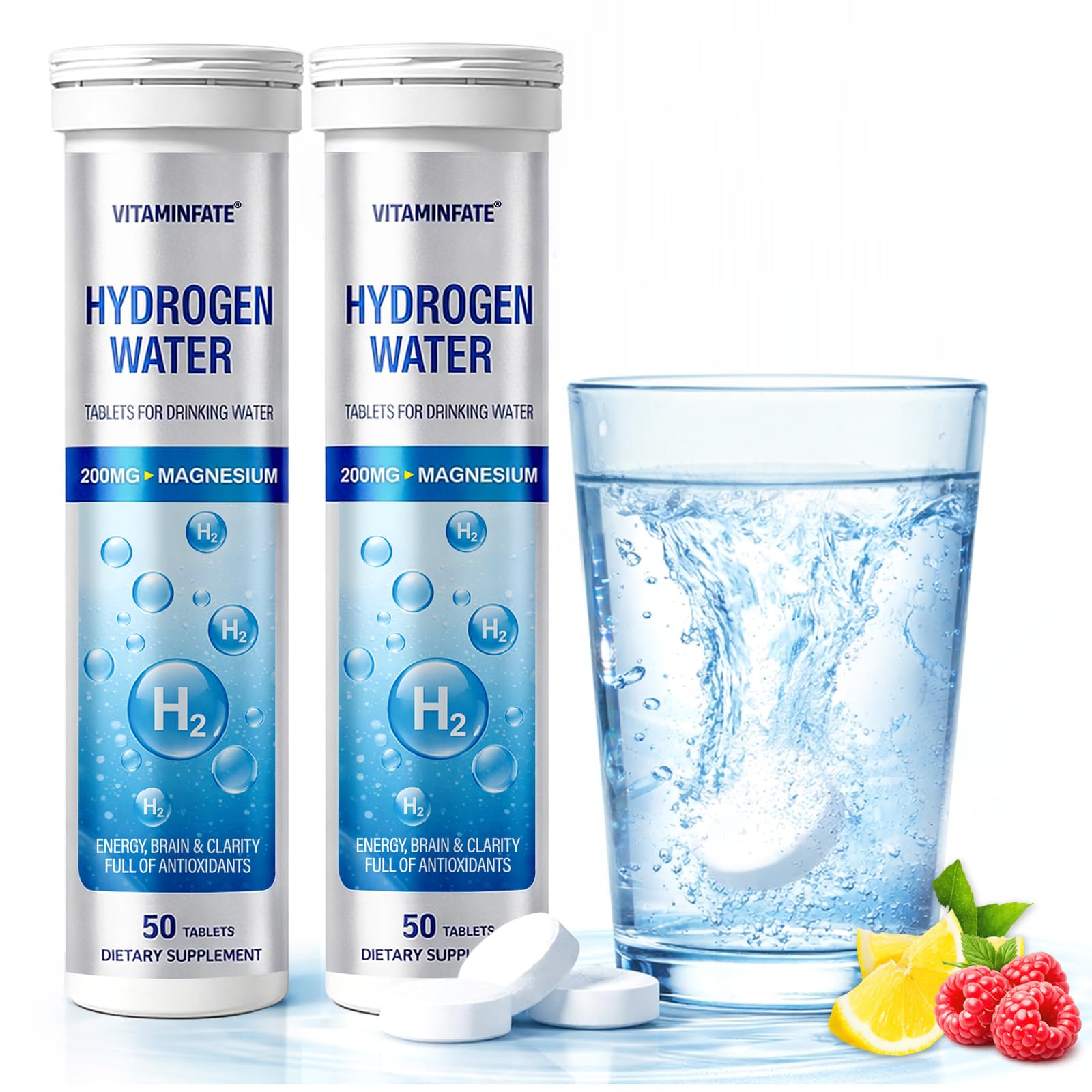 VITAMINFATE hydrogen tablets in a bottle for convenient daily hydration with magnesium.