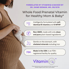 VitaminIQ prenatal capsules close-up showing plant-based ingredients for gentle daily nutrition