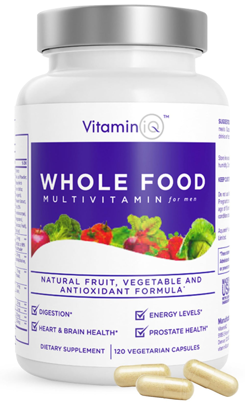 VitaminIQ bottle with capsules illustrating daily men's wellness.