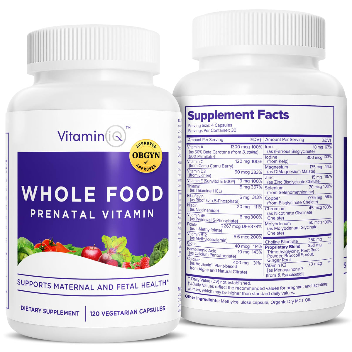VitaminIQ Whole Food Prenatal bottle and capsules support daily maternal nutrition
