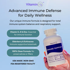 VitaminIQ Immune Support bottle label closeup shows key vitamins for daily wellness