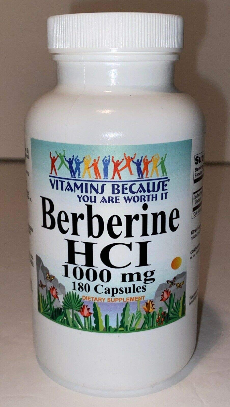 Vitamins Because berberine bottle front shows high potency 1000 mg per serving