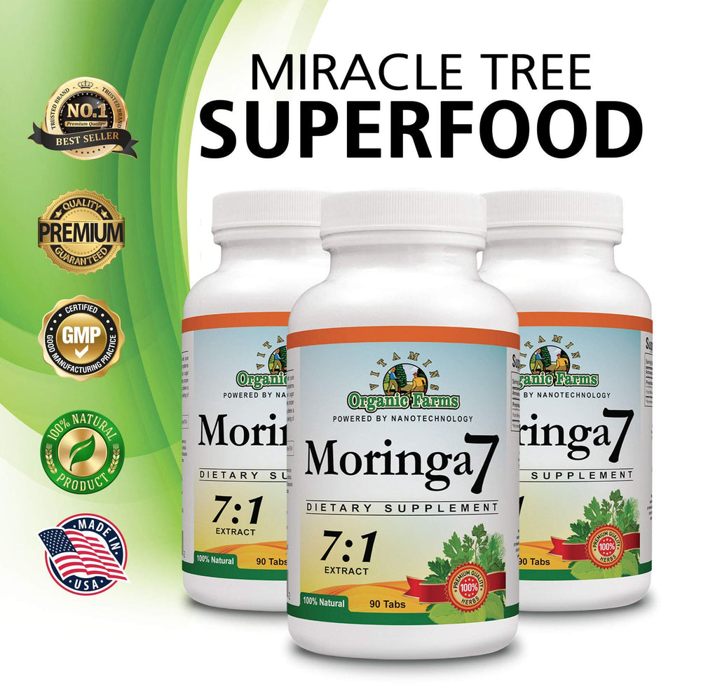 Vitamins Organic Farms Moringa7 label closeup highlighting purity and premium sourcing