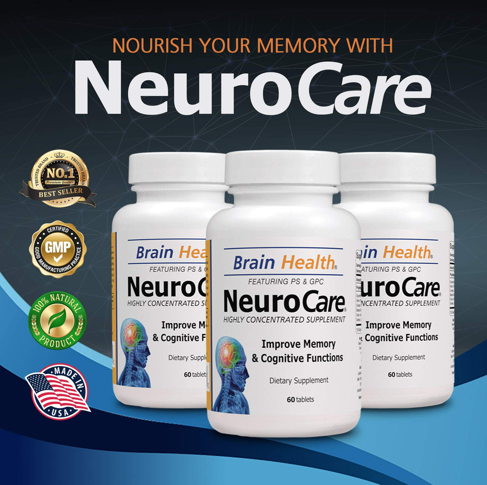 Close-up of Neuro Care pills by Vitamins Organic Farms for memory support.