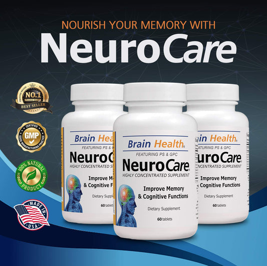 Close-up of Neuro Care pills by Vitamins Organic Farms for memory support.