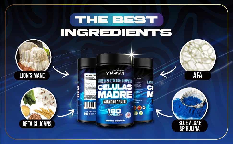 Vitamisan Celulas Madre capsules close-up highlighting easy daily dose and plant-based nutrients.