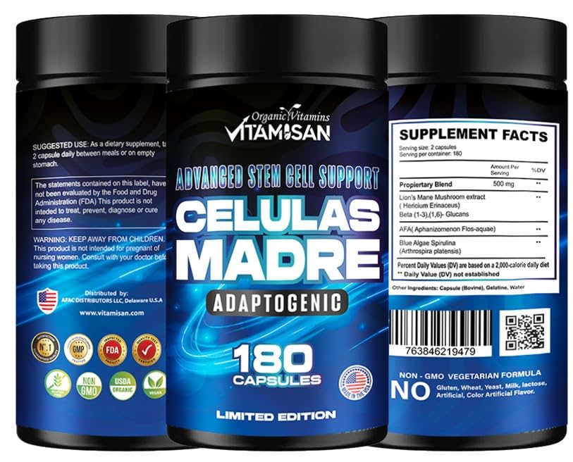 Vitamisan Celulas Madre ingredients blend close-up showing powerhouse botanicals for cognitive clarity.