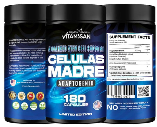 Vitamisan Celulas Madre ingredients blend close-up showing powerhouse botanicals for cognitive clarity.