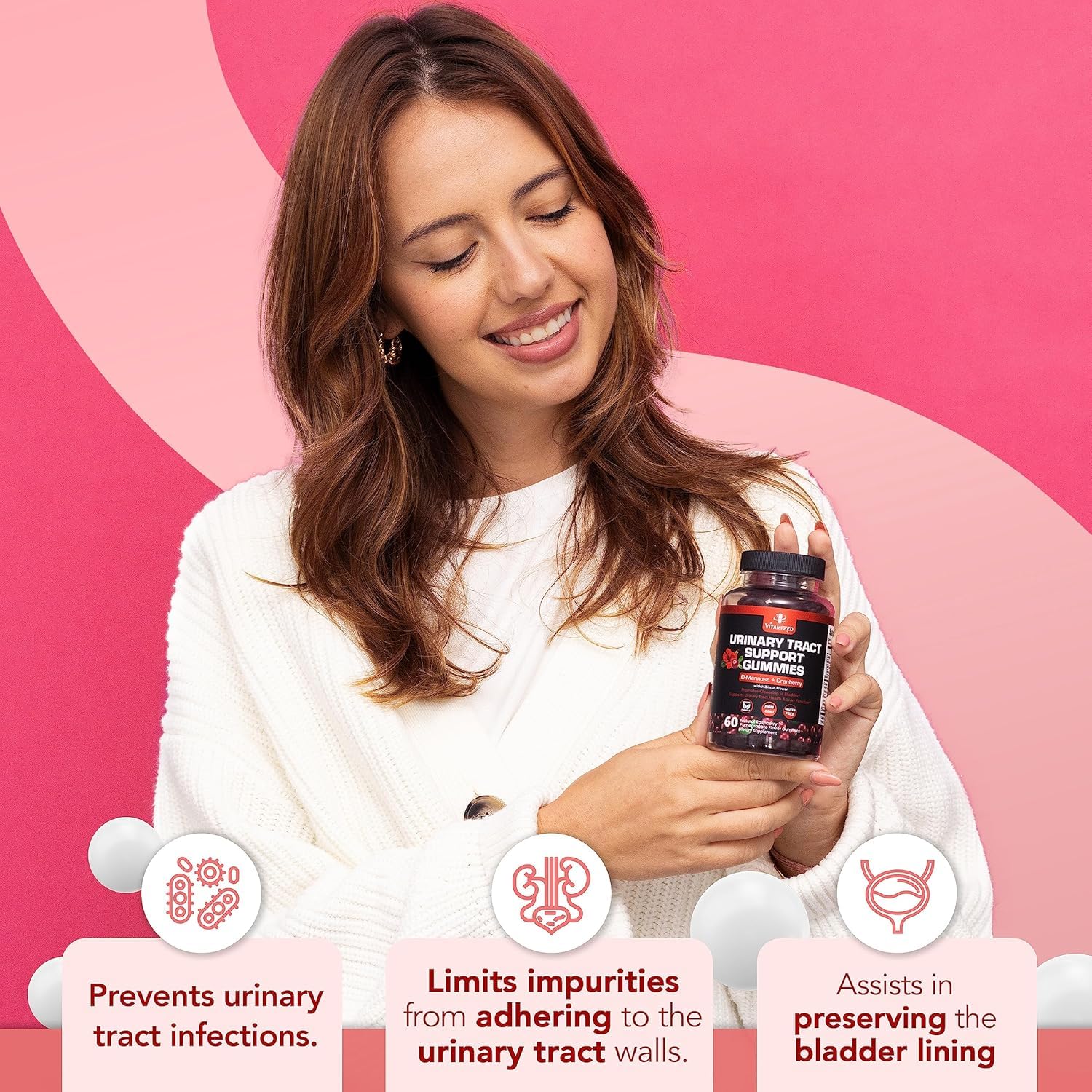 VITAMIZED Cranberry D-Mannose gummy texture close-up for convenient daily use
