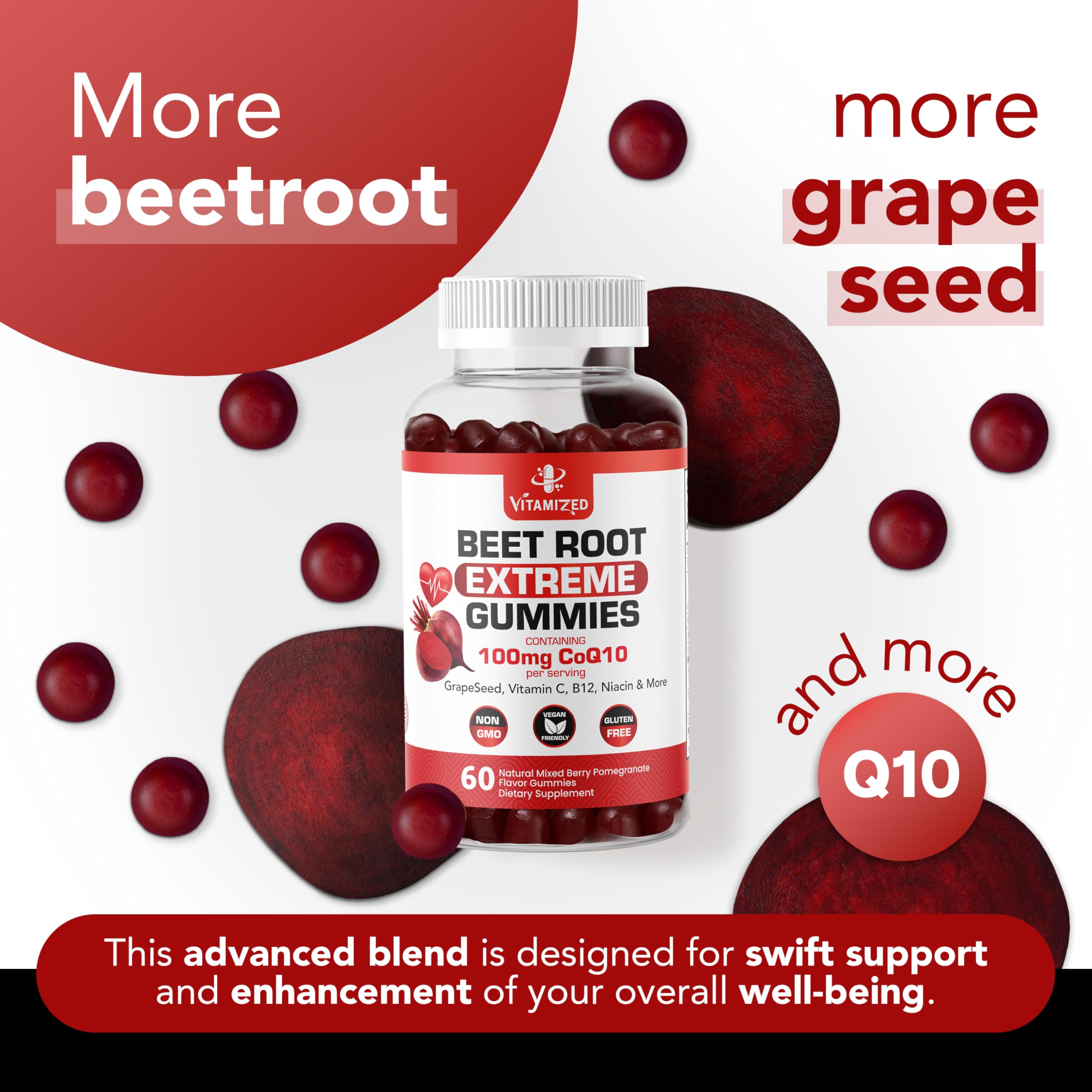 VITAMIZED grape seed extract gummies close-up with vibrant color.