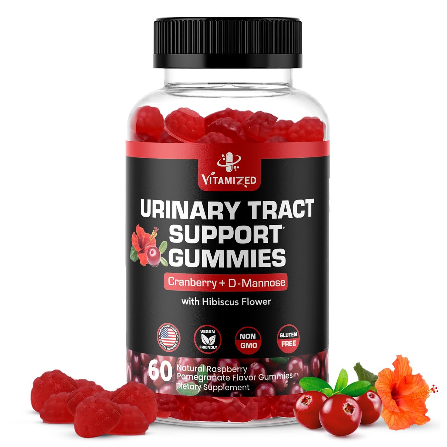 VITAMIZED Potent Cranberry Gummies bottle close-up for on-the-go urinary support.