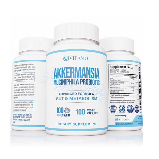 Vitamo Akkermansia probiotic bottle showcases label and packaging for gut health