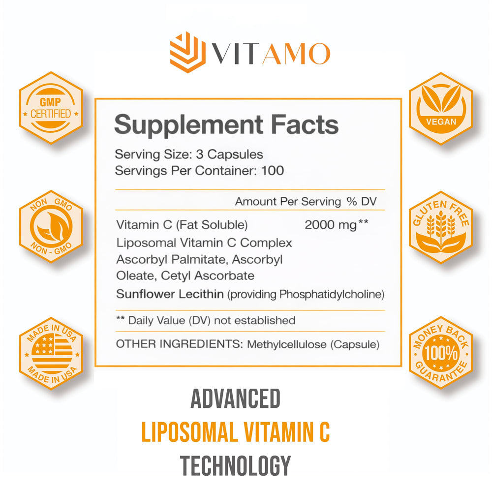 Vitamo Liposomal Vitamin C 2000mg bottle back view showing 300 capsules.