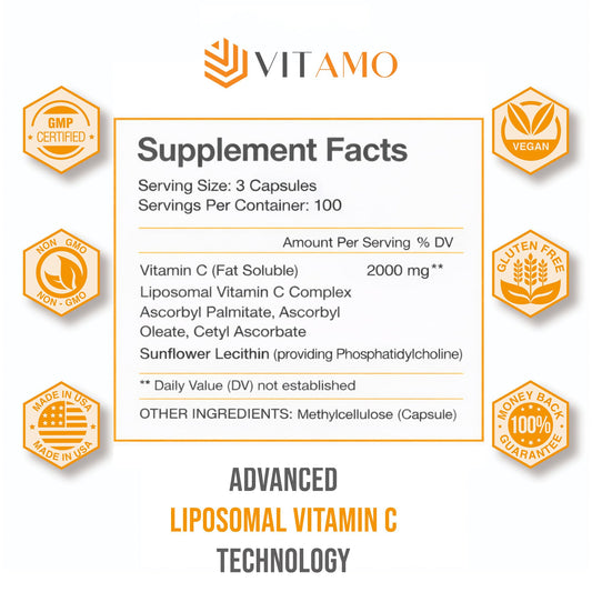 Vitamo Liposomal Vitamin C 2000mg bottle back view showing 300 capsules.