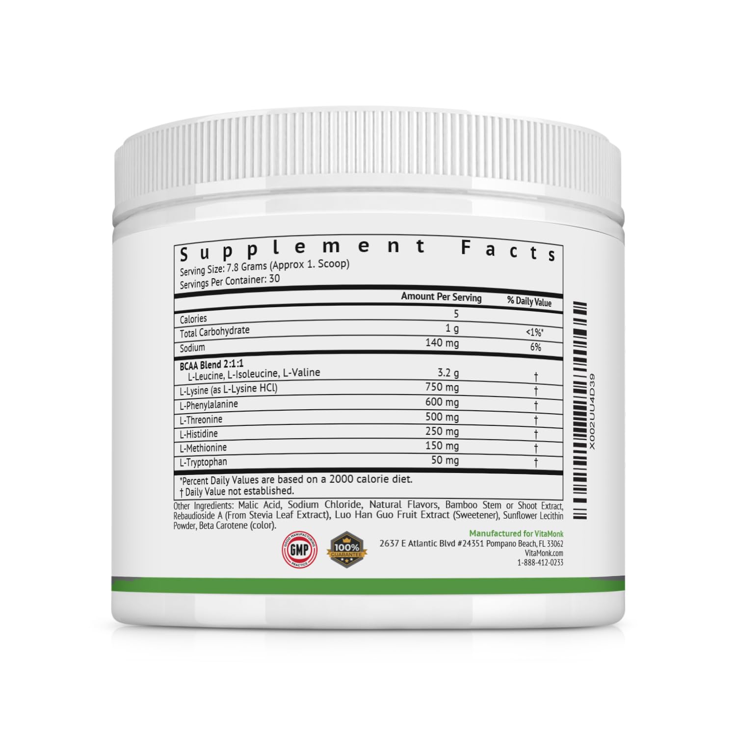 VitaMonk Clean EAA label highlights zero artificial sweeteners